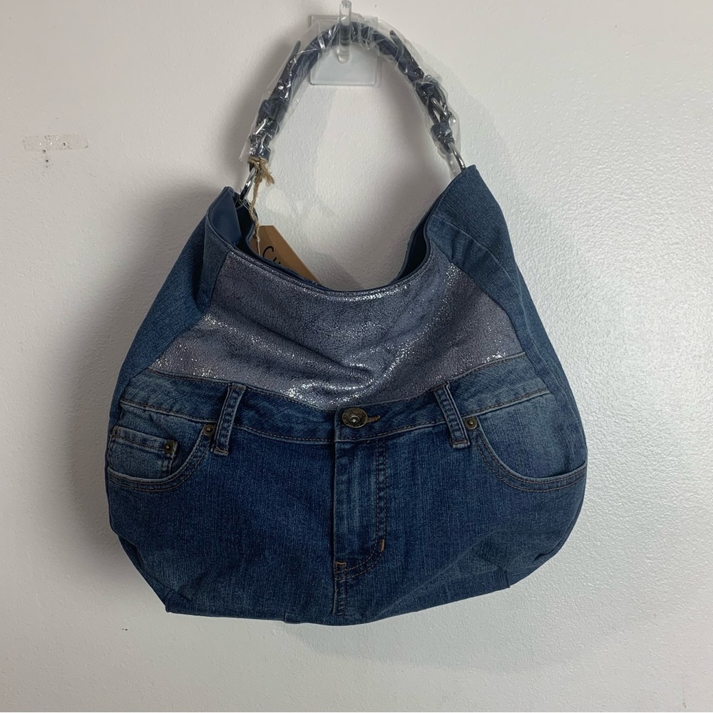 LeMiel Chillx. Medium Denim Hobo Style Handbag 90s Bohemian Silver Foil Accent - Picture 8 of 11